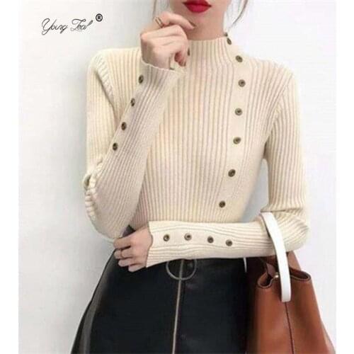 Knitted Half High Collar Pullover Women Elastic Slim Soft Autumn Sweater Patchwork Button Long Sleeve Knitted Female Solid Tops