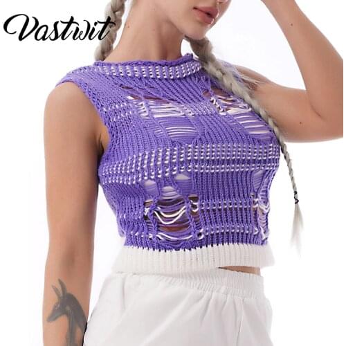 Women Knitted Cropped Tank Top Fashion Casual Hollow Out Vest Clubwear Round Neck Sleeveless Knitwear