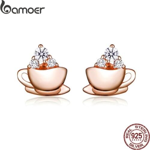 BAMOER Korean Earrings Sterling Silver 925 Rose Gold Coffee and Sugar Cube Stud Earings for Women Girl Gifts with Box SCE592