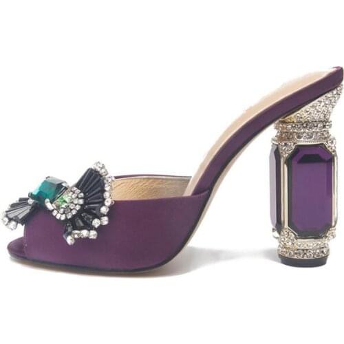 Moraima Snc Newest Purple Suede Thick Heels Woman Sandals Peep Toe Crystal Bowknot Strange Heels Party Dress Shoe Slippers