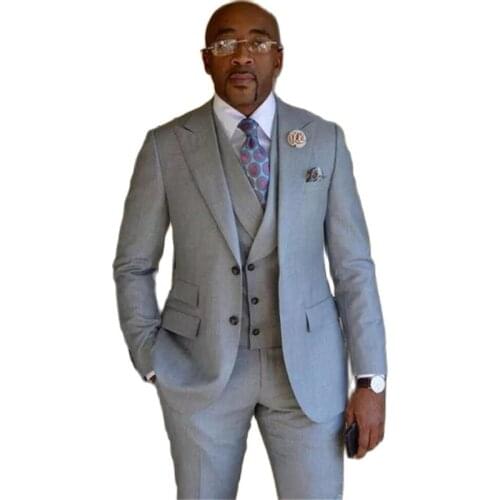 Custom Made Mens Suits Light Gray Men Suits Wedding Groom Tuxedos Groomsmen Formal Prom Party Suit (Jacket+Pants+Vest)