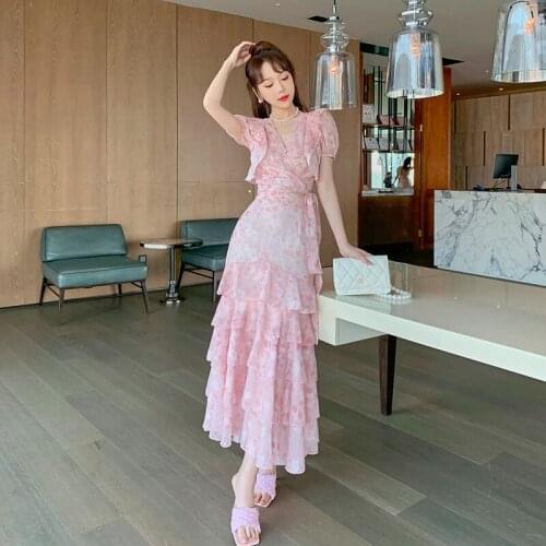2021 Summer Print Floral Elegant Two Piece Women Sets Sweet Pink Chiffon Tops and Long Pleated Skirt Female Homewear Outfits