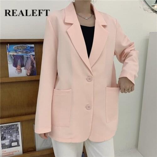 REALEFT New 2021 Autumn Loose Pink Womens Blazers Female Formal Single Breasted Jackets Elegant Casual Outerwear Tops Pockets