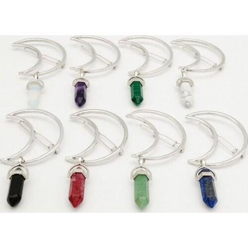 Crescent Moon Hair Clips Quartz Vintage Bullet Natural Stone Hexagon Prism Charming Hairpin Headwear Gifts Headdress For Women