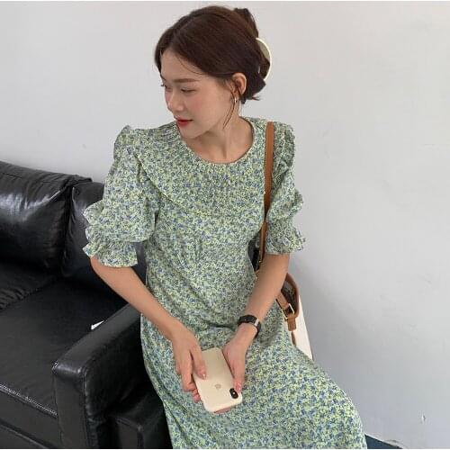 2021 New Women Summer Vintage Pleated-round Collar Long Floral Dress Slim Waist A-line Pullover Maxi Sundress