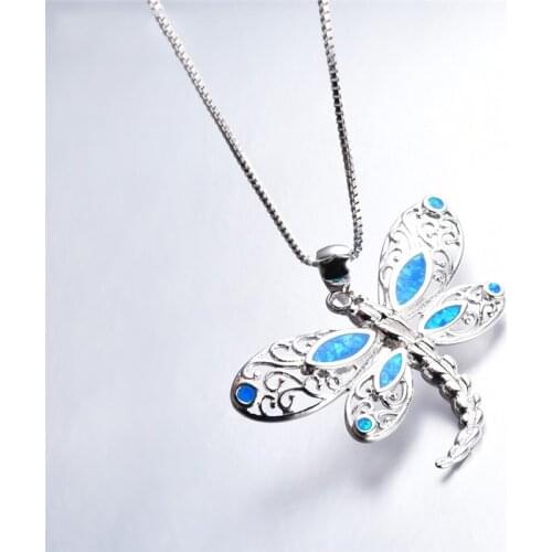 Vintage Fashion Silver Color Chain Necklace Blue Fire Opal Cute Dragonfly Pendant Necklaces For Women Wedding Engagement Jewelry