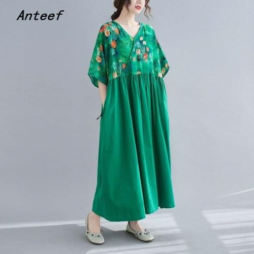 Short sleeve plus size cotton vintage floral dresses for women casual loose long summer dress elegant clothes 2021 sundress