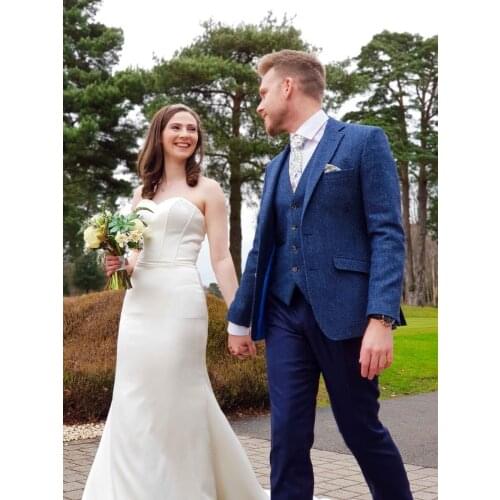 2018 Herringbone Tweed Navy blue Suit Men Groom Tuxedo Style Blazer Slim Fit Prom Wedding Suits jacket+Vest 2PIEce plus size