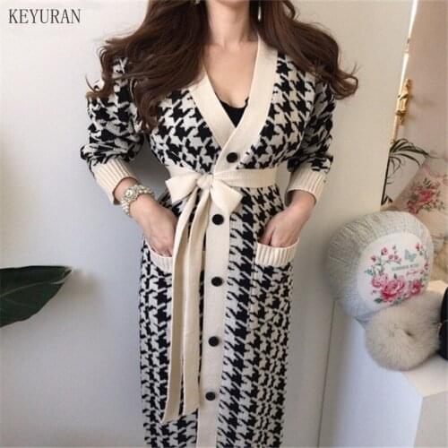 2121 Autumn Winter Knitted Long Cardigan Sweaters Female Houndstooth inge-breasted V-neck Sashes Knit Sweater Coat Women Jackets