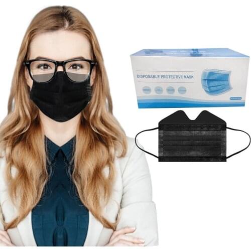 50pc Adult Face Mask Disposable Black Protection Mask For Women Men Wear Glasses Anti-fog 3ply Masks Facemask Earloop Bandage