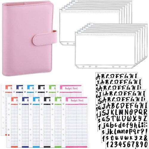 A6 PU Leather Binder Budget Planner Organizer with 12 Binder Pockets,12 Budget Sheets,6 Letter Sticker Label for Cash Envelopes