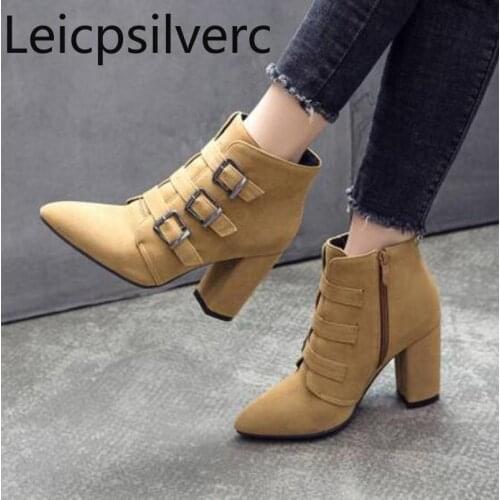 Autumn and winter Fashion womens boots Pointed Suede Short tube high heel belt buckle Martin boots yellow plus size 35-50