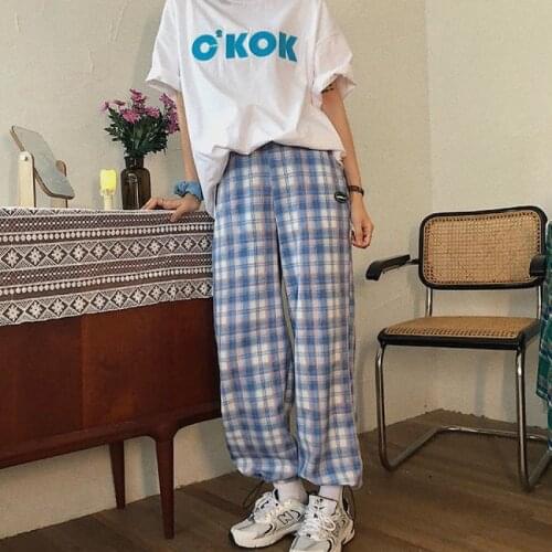 Harajuku Plaid Pants Elastic Waist Wide Leg Pants Korean Chic High Waist All-match Teens Streetwear Ins Trendy Trousers Women