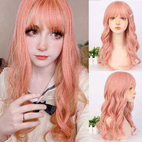 LANLAN Pink Lolita Long Wavy Synthetic Wigs with Bangs Heat Resistant Hair Cosplay Party Lolita Daily Wig for Women