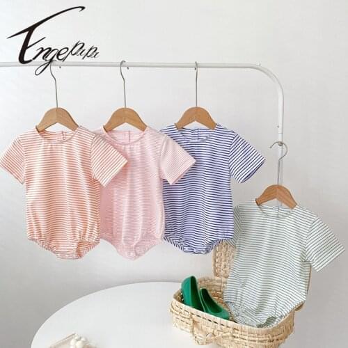 Engepapa Korean Style Newborn Baby Boys Girls Stripe Short Sleeve Cotton Jumpsuit Toddler Baby Girl Romper Infant Baby Clothes