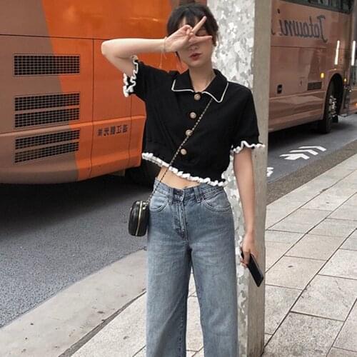 Preppy Style Ruffled T Shirt Fashion Sweet Lapel Short-sleeved Knit Cardigan Casual Single-breasted Crop Tops