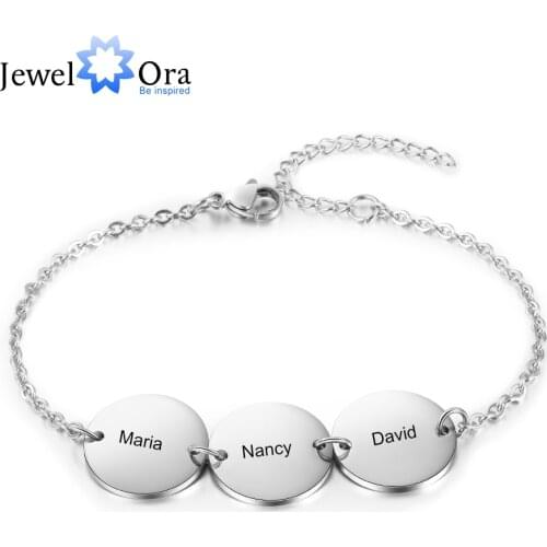 JewelOra Personalized Stainless Steel Round Discs Engraved Bracelets for Women Customized 3 Names Friendship Bracelets & Bangles