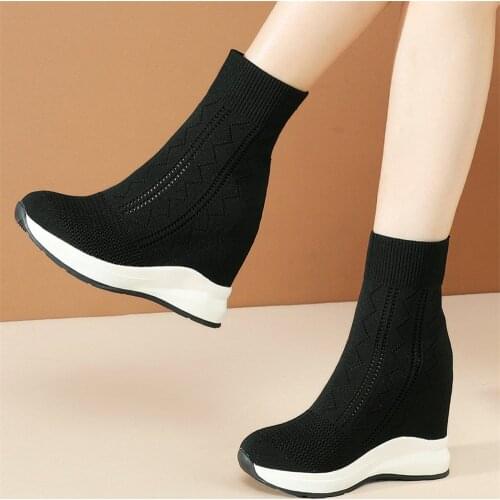 Black Fashion Sneakers Women Breathable Knitting Wedges High Heel Ankle Boots Female Round Toe Platform Pumps Shoes Casual Shoes