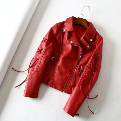 Korean Women Slim Red Short High Waist Faux PU Leather Jacket Spring Autumn 2021 Ladies Motorcycle Biker Jacket Punk Streetwear