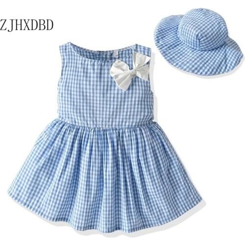Summer 2020 Childrens Dress Girl Sleeveless Plaid Blue Yellow Princess Dress Bow + Sun Hat Two-piece Party Wear Girls Clothing