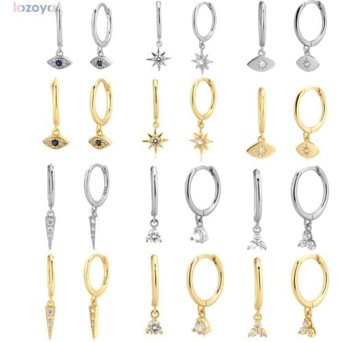 Lozoya 925 Sterling Silver Multi Dangle Charms Loops Hoops Crystal Thin Huggies With Circle Clips Earrings Jewelry For Womens