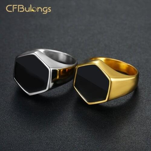 CFBulongs Cool Golden Color Hexagonal Mens Ring 316L Stainless Steel Hip Hop Rock Party Jewelry Accessories Gift