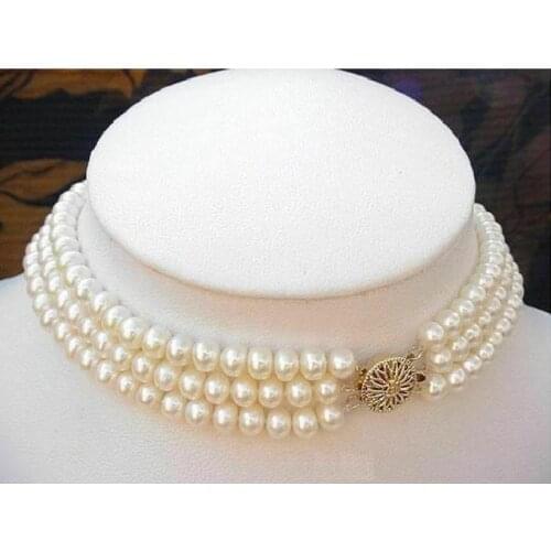 14.5" 6-7mm AAA Genuine Cultured White Pearl 3 Strand Choker Necklace
