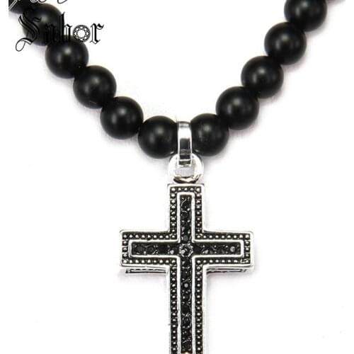 Matt Black Obsidian Beads & Cross Pendant Necklace Rebel Jewelry Punk Christmas Gift For Women & Men N332 thomas