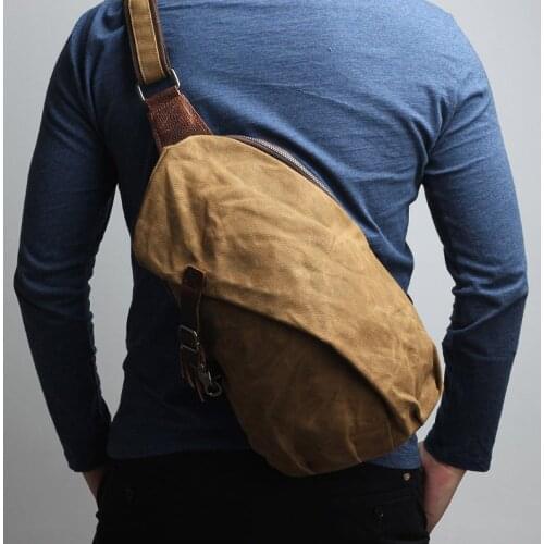 Waterproof Mens Chest Crossbody Leather Waxed Canvas Chest Bag Shoulder Sling Bag