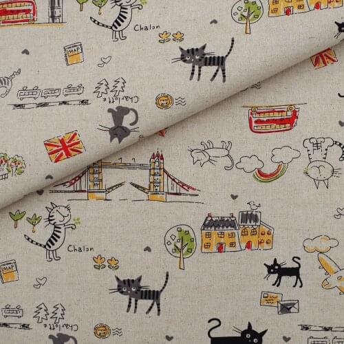 Cotton Linen Fabric for handmad, bed, bag, curtain Sewing - House, tree,sodier and cat - black (LF043)