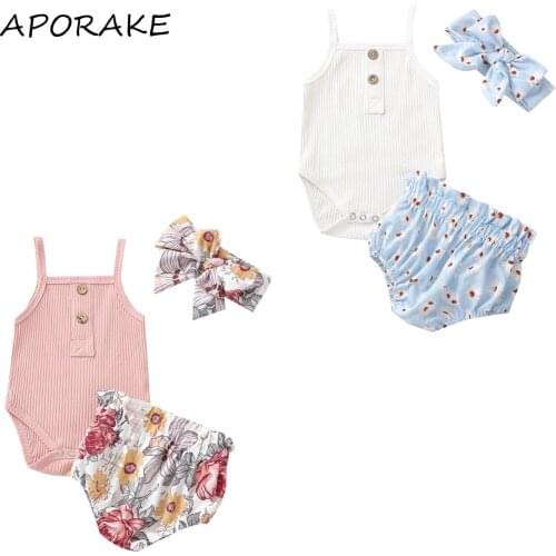 2021 0-24M Cute Baby Girl Clothing Button Sleeveless Knitted Top+Floral High Waist Shorts+Headband Summer 3pcs Outfits Set