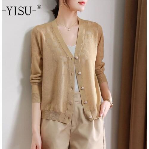 YISU Spring Casual Women Sweater Cardigan Solid color Hollow out V-Neck Spring tops Long sleeve Cardigan Female Knitted C