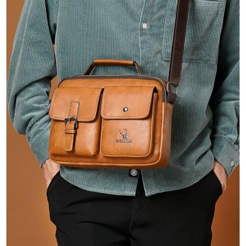 Vintage Men PU Leather Crossbody Shoulder Messenger Bag Solid Color Casual Male Multi Pockets Crossbody Bag Handbag Purse