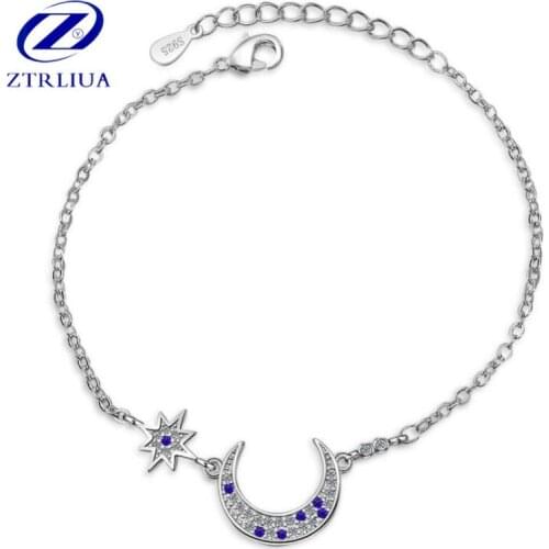 High-end Exquisite Sweet 925 Sterling Silver Jewelry Fashion Shiny Personality Moon And Star Cute Crystal Bracelets SB86