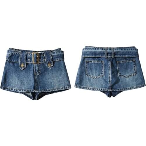 Women Vintage Washed Blue Jeans Package Hip Micro Mini Skirt with Sashes Belt Mid Waist Button Bodycon Denim Streetwear