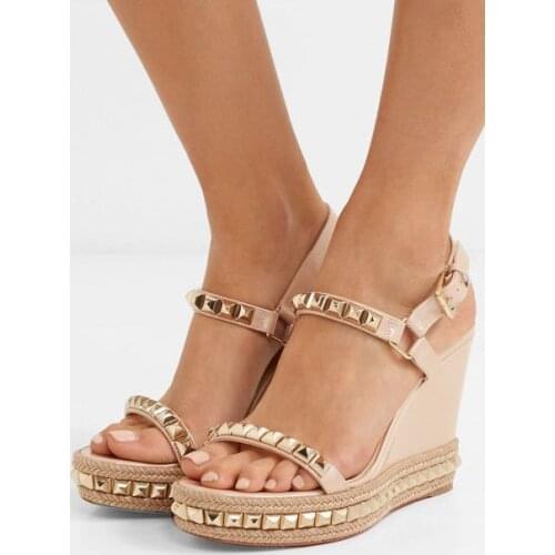 Moraima Snc Nude Patent Leather Platform Wedge Sandal for Woman Summer Sexy Rivets Studded Rope Braided Gladiator Shoes 35-42