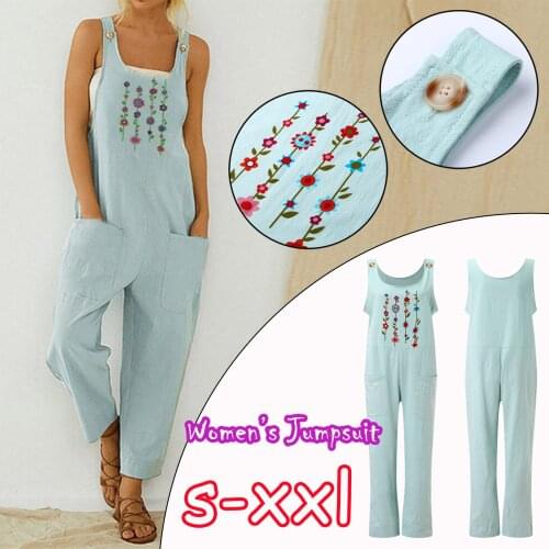 Women Loose Cotton Linen Jumpsuit 2021 Summer Floral Print Button Strappy Bodysuit Elegant Backless Pocket Wide Leg Pants Romper