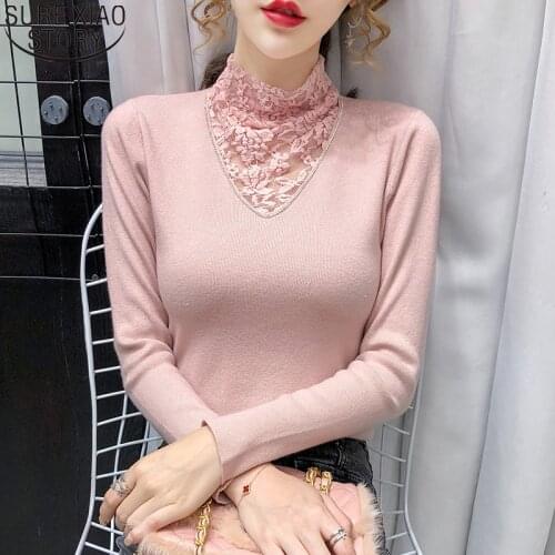 Sweater Pullover Women Sexy Bottoming Sweater Knitted Turtleneck Lace Solid Long Sleeve Sweater 2021 Autumn Sweaters 11214