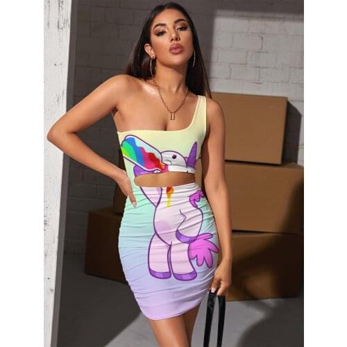 Giyu Brand Unicorn Dress Women Animal 3d Print Rainbow Vestido Sexy Gradient Pleating Womens Clothing Party New Beach Fashion