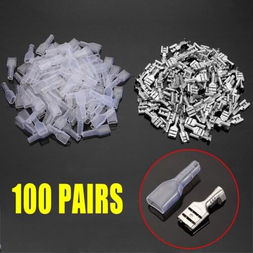 100pcs 6.3mm Metal Female Crimp Spade Terminal Connectors with 100pcs Plastic Transparent Insulating Sleeve Electrical Equipment