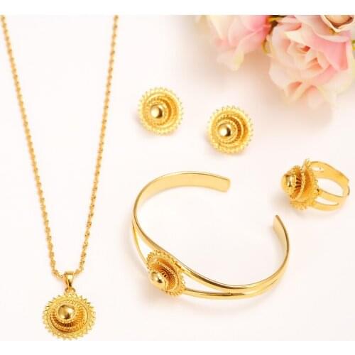 18 k Solid Fine Gold Filled Jewelry set Bride Glaze Multichamber Lace Pendant Necklace Bangle Earring Ring African sets