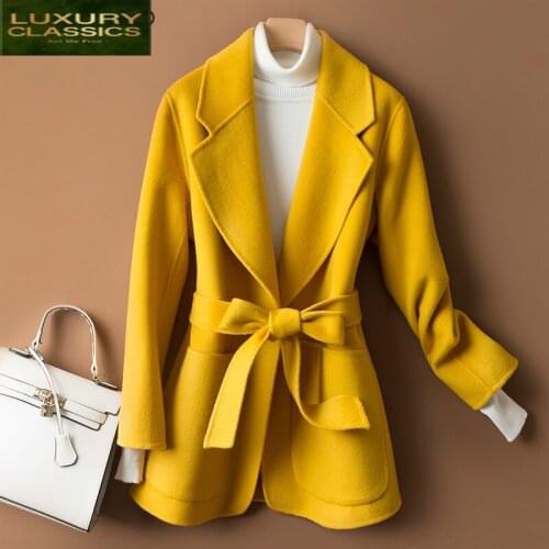 2021 Women Sided Clothes 100% Natural Wool Jackets Winter Yellow Woolen Coat Female Korean Autumn Spring Overcoat LWL1397