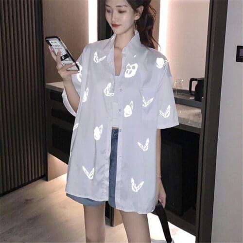 2021 Womens Casual Short sleeve Fashion Button shirt Harajuku Vintage Korean Reflective butterfly Top Female All-match clothes