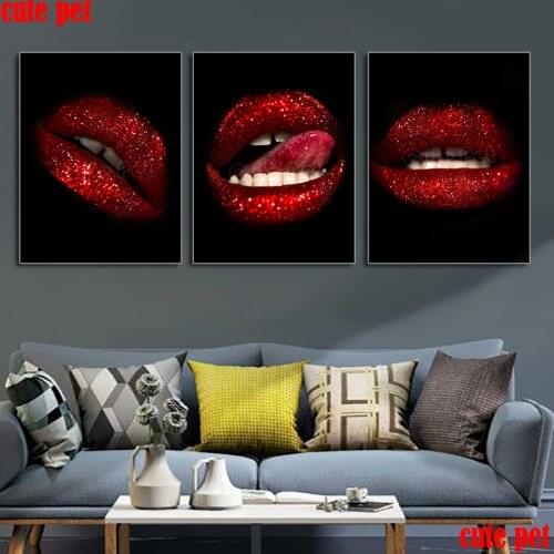 Diamond mosaic Sexy red lips Diy Diamond Painting Crafts Embroidery Cross Stitch full Square Drill rhinestone modern Decor 3PCS