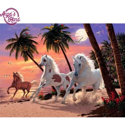 5D DIY diamond embroidery sunset beach horse diamond painting Cross Stitch full drill Rhinestone mosaic decoration