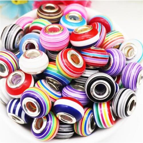 10Pcs Big Hole Round Stripe Color Spacer Beads Women DIY Charms Fit Pandora Bracelet Bangle Necklaces for Jewelry Making