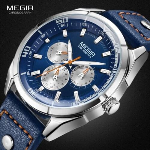 Genuine MEGIR quartz male watches Genuine Leather watches racing men Students game Run Chronograph Watch male glow hands