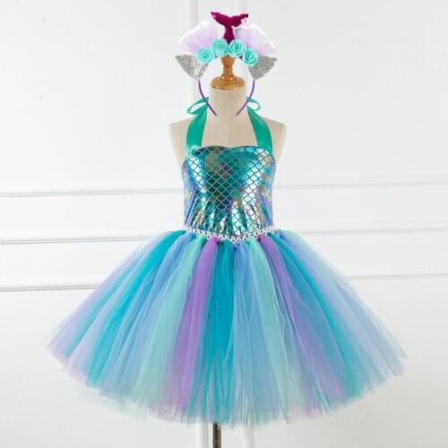Mermaid Kids Girls Princess Dresses with Headband For Birthday Party Children Cosplay Theme Clothes Tulle Tutu Dresses for Girls