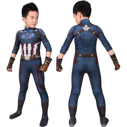 Kids Superheroes Infinity War Captain Steven Rogers Jumpsuit Cosplay Costume For Children Halloween Party Printing Bodysuit
