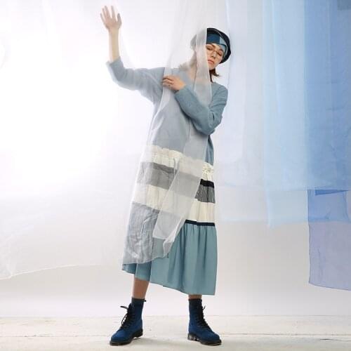 IRINAW029 new arrival spring 2018 original design patchwork casual loose fake two piece long sleeve dress women